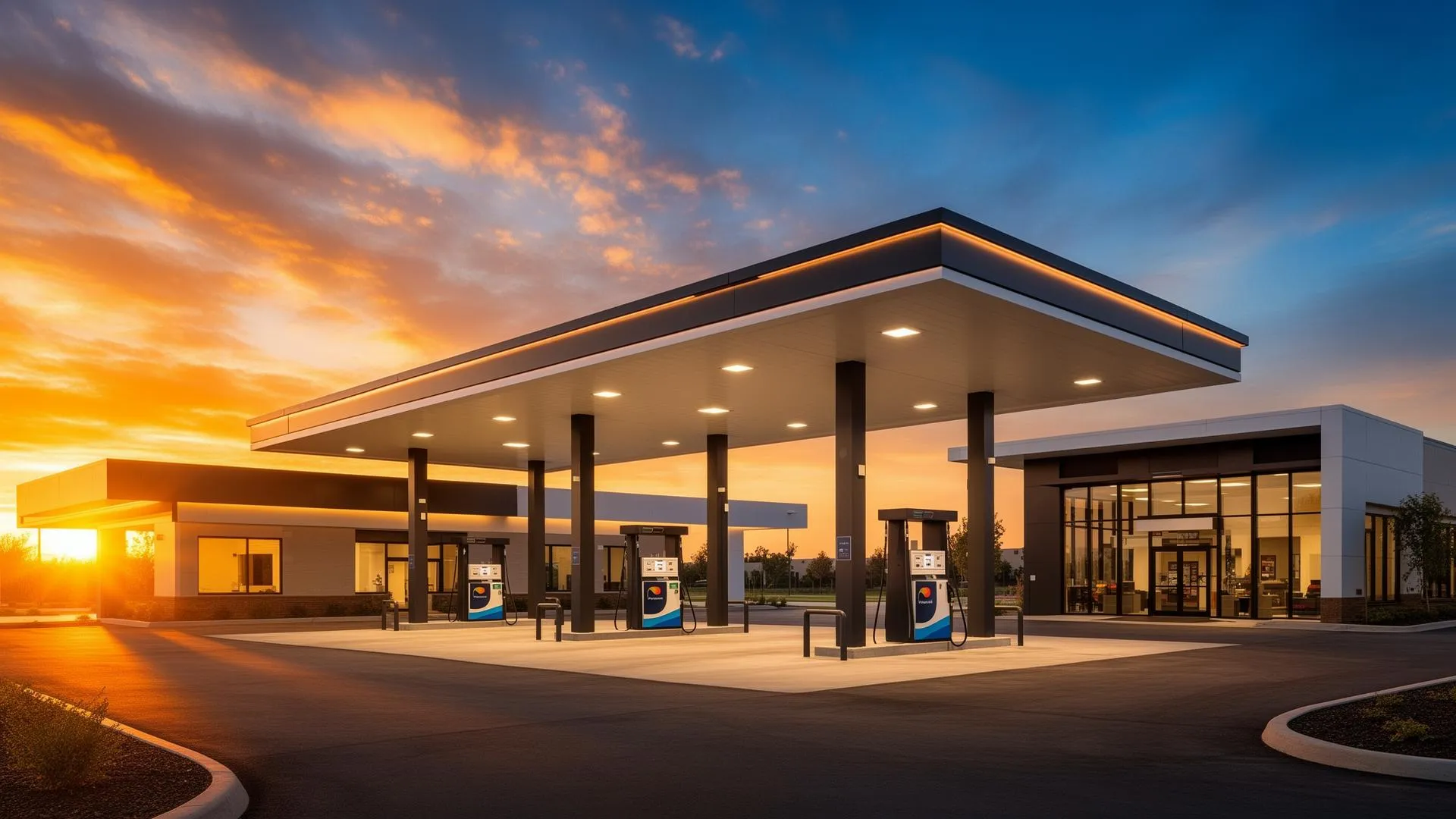 Moderne Tankstelle bei Sonnenuntergang